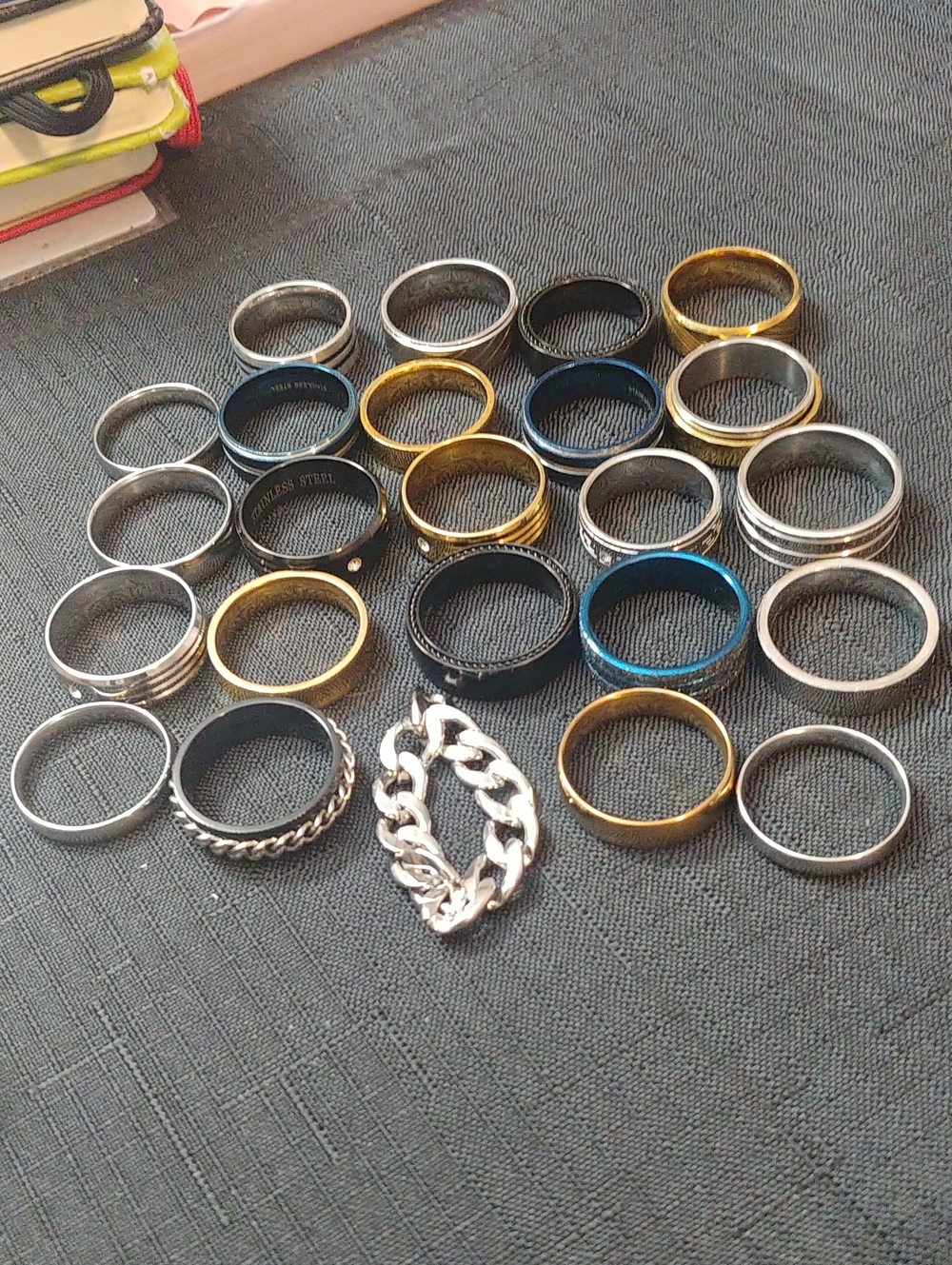 Mixed Metal Stackable Rings Set - Silver, Gold, Black, Blue
